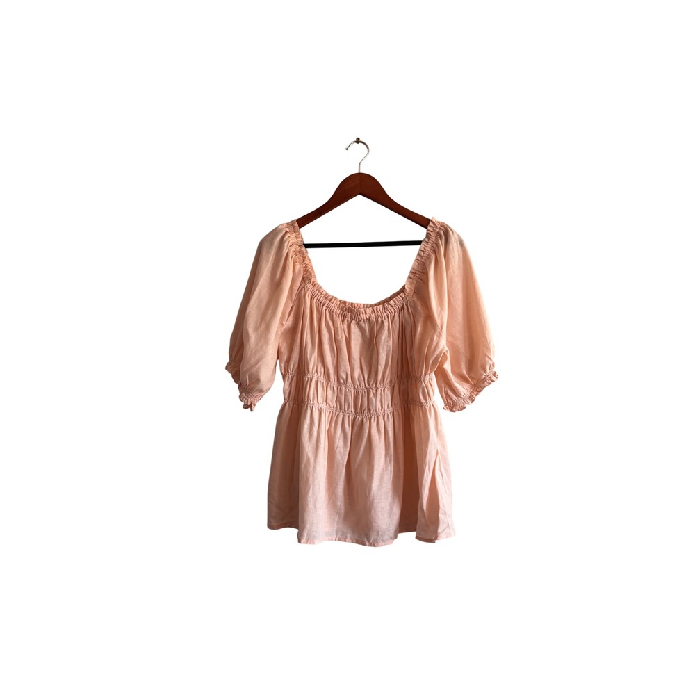 Spartina 449 Peach Smocked Peplum Peasant Blouse Puff Sleeve XL Lyocell Linen